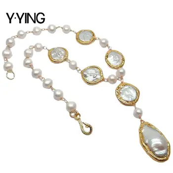 Y·YING prírodné Umelé Biele Mince Pearl Zemiakov Pearl Y-tvar prívesok Náhrdelník Keshi perla s zlatá farba á pre ženy