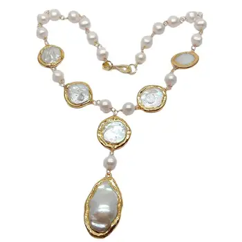Y·YING prírodné Umelé Biele Mince Pearl Zemiakov Pearl Y-tvar prívesok Náhrdelník Keshi perla s zlatá farba á pre ženy