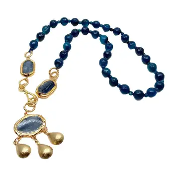 Y·YING tvárou kolo Modrá Agates Náhrdelník prírodné obdĺžnik Modrej Kyanite s zlatá farba pozlátený náhrdelník Prívesok pre ženy 23