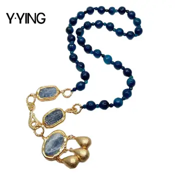 Y·YING tvárou kolo Modrá Agates Náhrdelník prírodné obdĺžnik Modrej Kyanite s zlatá farba pozlátený náhrdelník Prívesok pre ženy 23