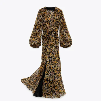 Za 2020 Ženy Šaty Kvetinový Retro Vytlačené tvaru Dlhé rukávy Tylu Šaty Žena vintage Goth Dlhé šaty