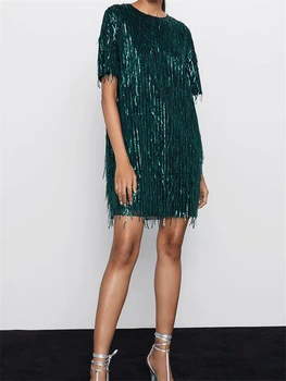 ZA ženy šaty 2020 lesklé lemovaný svetlé Chic lady zelená čierna streetwear sexy mini klub party šaty
