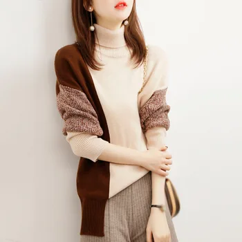 Zahustiť teplé ženy turtleneck sveter zimné oblečenie 2020 vysoká krku coloe blok pletené jumper elegantné úrad práce nosenie topy