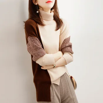 Zahustiť teplé ženy turtleneck sveter zimné oblečenie 2020 vysoká krku coloe blok pletené jumper elegantné úrad práce nosenie topy
