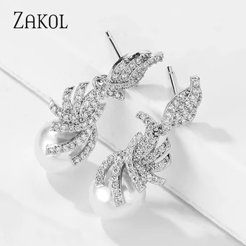 ZAKOL Dámy Ušľachtilý Pearl Dizajn Crystal Zirconia Svadobné Šperky, Náušnice Kvapka pre Ženy FSEP2570