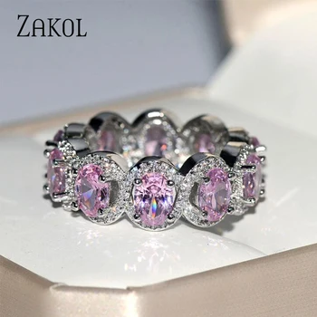 ZAKOL Luxusné Sladké Lesklé Biele Ružové Oválne Cubic Zirconia Zapojenie Prst Prstene pre Ženy Romantické Svadobné Party Šperky