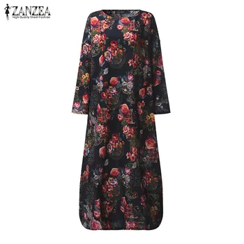 ZANZEA 2021 Žien Maxi Šaty Vintage Kvetinový Tlač Šaty Kaftan Sundress Rukáv Bielizeň Vestidos Žena Plus Veľkosť Oblečenie