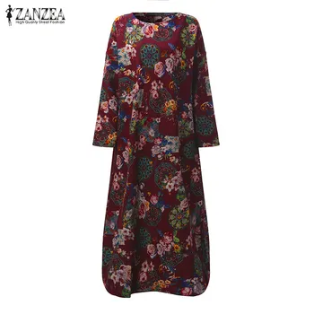ZANZEA 2021 Žien Maxi Šaty Vintage Kvetinový Tlač Šaty Kaftan Sundress Rukáv Bielizeň Vestidos Žena Plus Veľkosť Oblečenie