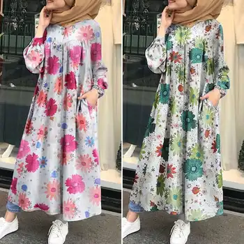 ZANZEA 2021 Žien Vintage Vytlačené Tričko Šaty Bežné Jeseň Sundress Abaya Šaty Žena Tlačidlo Maxi Vestido Moslimských Plus Veľkosť