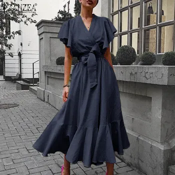 ZANZEA Elegantné dámske Prehrabať Šaty 2021 Príležitostné Letné Belted Maxi Vestidos Dámy Krátke Rukáv V krku Župan Femme Nadrozmerné 5XL