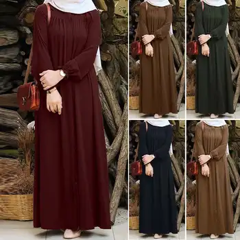 ZANZEA Jeseň Sundress Ženy Vintage Dlhý Rukáv Moslimských Maxi Dlhé Šaty Dubaj Abaya Turecko Hidžáb Oblečenie Pevné Islamské Oblečenie
