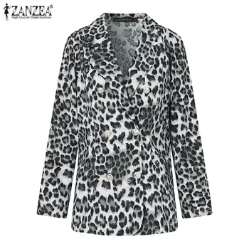 ZANZEA Klope Dlhé Rukávy Outwears Bežné Dámy Sexy Leopard Tlač Topy dámske Jeseň Dvojité Tlačidlo Práce Coats Plus Veľkosť 5XL
