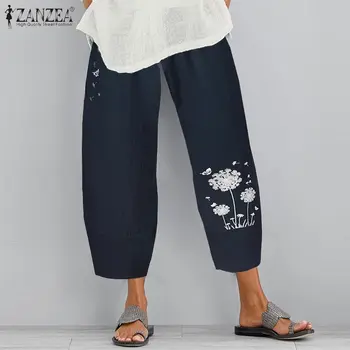 ZANZEA Ženy Bežné Kvetinový Vytlačené Letné Nohavice Elastický Pás Hárem Nohavice Pantalon Kvaka Plus Veľkosť Bavlnená posteľná Bielizeň Palazzo