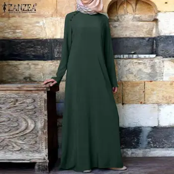 ZANZEA Ženy Moslimských Dlhé Šaty Jeseň Dlhý Rukáv Sundress Plus Veľkosť Dubaj Hidžáb Obyčajný Abaya Kaftan Maxi Vestidos Župan Femme