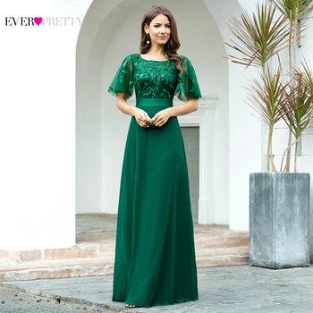 Zelená Elegantné Večerné Šaty Plus Veľkosť Stále Pekná Riadok O Krk Svetlice Rukáv Čipky Sequined Formálnej Strany Šaty Župan De Soiree