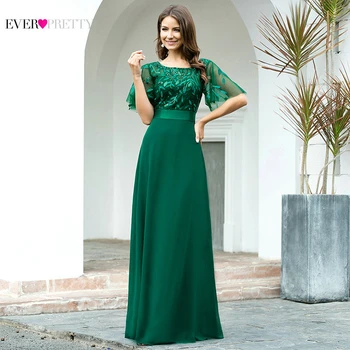 Zelená Elegantné Večerné Šaty Plus Veľkosť Stále Pekná Riadok O Krk Svetlice Rukáv Čipky Sequined Formálnej Strany Šaty Župan De Soiree