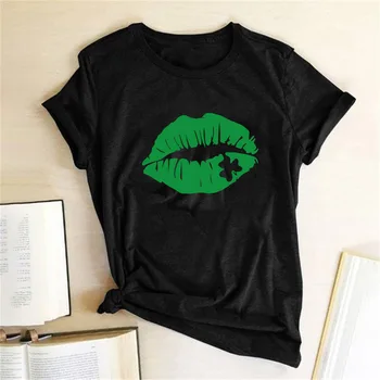 Zelená Veľké Pery Print T Shirt Ženy Vtipné Krátke Letné Tričko Príležitostné O Neck Tee Tričko Femme Harajuku Módne dámske Topy