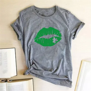 Zelená Veľké Pery Print T Shirt Ženy Vtipné Krátke Letné Tričko Príležitostné O Neck Tee Tričko Femme Harajuku Módne dámske Topy