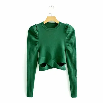 Zelená ženy lístkového rukáv bomba svetre 2019 módne dámske elegantné pletené sveter žena zimné knitwear dievčatá elegantné pulóvre
