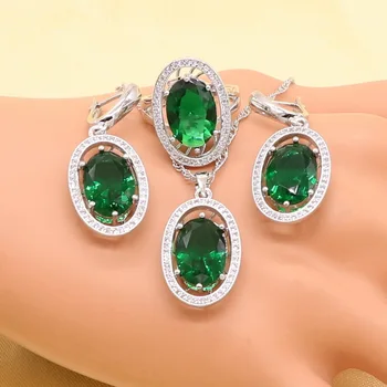Zelené Kamene White crystal 925 Sterling Silver Šperky Set pre Ženy, Náramok, Náušnice, Náhrdelník Prívesok, Prsteň Darček k Narodeninám