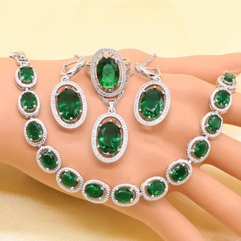 Zelené Kamene White crystal 925 Sterling Silver Šperky Set pre Ženy, Náramok, Náušnice, Náhrdelník Prívesok, Prsteň Darček k Narodeninám
