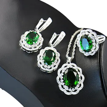 Zelený Smaragd 925 Silver Svadobné Šperky sady Pre ženy Náhrdelníky Náušnice, Prsteň Náramky Na Darček k Narodeninám