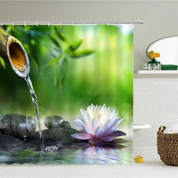 Zen Sprchový Záves Kúpeľňa Dekorácie 3D Bambusu Tečúcou Vodou Zelený Bambus Buddha Sprchové Závesy Nepremokavé Umývateľný Obrazovke