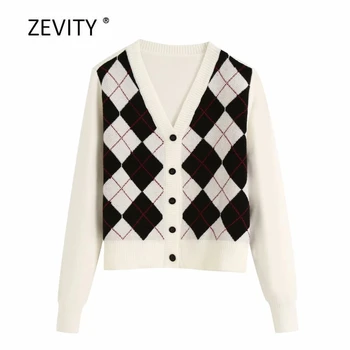 Zevity Nové Anglicko štýl ženy vintage Kosoštvorec vzor pletenie bežné tenký sveter žena cardigan sveter elegantný retro topy S302