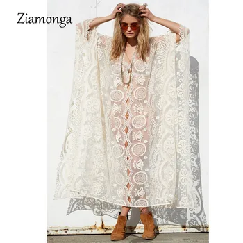 Ziamonga 2018 Ženy Priesvitných Šatách Hippie Boho Sexy Šaty Hlboko V Krku Čipky Pláž Nosiť Dlhé Šaty Biele Maxi Šaty Vestidos