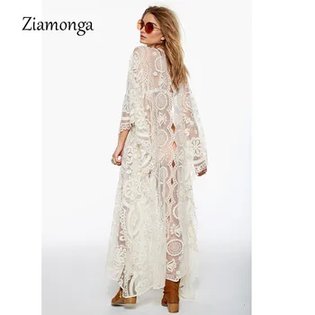 Ziamonga 2018 Ženy Priesvitných Šatách Hippie Boho Sexy Šaty Hlboko V Krku Čipky Pláž Nosiť Dlhé Šaty Biele Maxi Šaty Vestidos