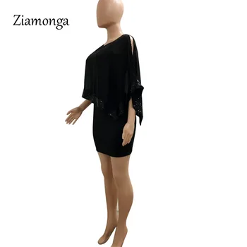 Ziamonga Volánikmi Cape Plášť Letné Šaty 2017 Nové Elegantné Sequined Obväz Bodycon Sexy Šaty Club Black Blue Strany Midi Šaty