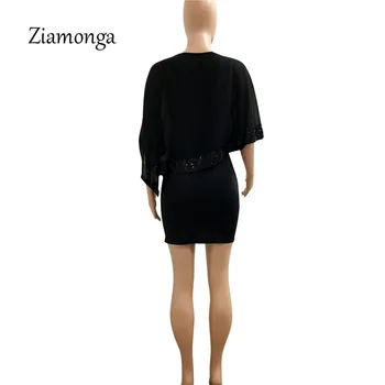 Ziamonga Volánikmi Cape Plášť Letné Šaty 2017 Nové Elegantné Sequined Obväz Bodycon Sexy Šaty Club Black Blue Strany Midi Šaty