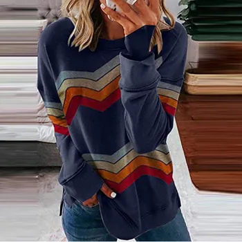 Zimná dámska móda polyester футболка pruhované farby zodpovedajúce tlačené okolo krku T-shirt top bežné dlhým rukávom prekladané F04*