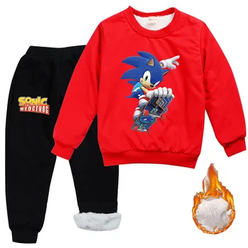 Zimné Anime Sonic The Hedgehog Oblečenie Nastaviť Dieťa Hrubé Velvet Mikina Šport Vyhovovali Batoľa Dievča Oblečenie Chlapec Tepláková Súprava Dieťa Obliekať