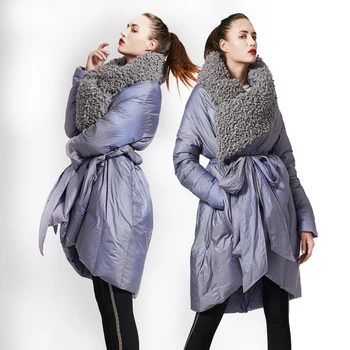 Zimné Britský štýl dobrej kvalite 95% skutočná kačica dole kabát žena Imitácie ovčieho baránok vlna kožušiny dlho hrubšie teplé dole kabát wq401