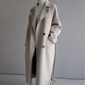Zimné Béžová Elegantné Vlny Kabát Ženy Kórejský Módne Čierne Dlhé Kabáty Základné Minimalistický Čierny Kabát Teplo Nadrozmerná Outwear