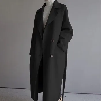 Zimné Béžová Elegantné Vlny Kabát Ženy Kórejský Módne Čierne Dlhé Kabáty Základné Minimalistický Čierny Kabát Teplo Nadrozmerná Outwear