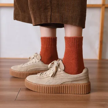 Zimné dámske Hrubé Teplé Solid Farba Vlny Harajuku Retro Studenej Odolný Módne Bežné Cashmere Ponožky 5 Pár