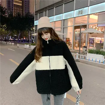 Zimné kórejský 2020 nové voľné veku zníženie módne stojan golier imitácia baránok vlny s dlhým rukávom bunda