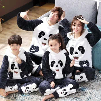 Zimné Rodič-Dieťa Pajama nastaviť Detí Flanelové Pyžamá Pribrala Plyšové s Kapucňou, Dlhé Rukávy Zvierat Panda Ženy, Mužov, oblečenie pre voľný čas