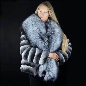 Zimný Kabát Ženy, Skutočné Chinchilla Rex Králik Kožušiny Bunda S Veľkým Silver Fox Kožušiny Golier Prírodné Pelt Skutočné Rex Králik Kožuchy