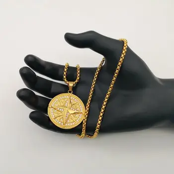 Zirkónmi kamene Kompas tvar prívesok náhrdelník Zlatá farba nehrdzavejúcej ocele vonkajšie kompas mužov náhrdelník veľkoobchod BLKN0802