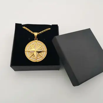 Zirkónmi kamene Kompas tvar prívesok náhrdelník Zlatá farba nehrdzavejúcej ocele vonkajšie kompas mužov náhrdelník veľkoobchod BLKN0802