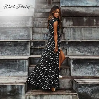 ZITY Wildpinky Boho Polka Dot Dlhé Šaty Žien Rozdeliť Krátkym Rukávom Letné Oblečenie pre voľný čas 2020 Streetwear Black Maxi Šaty