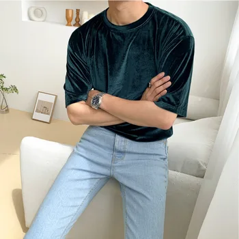 Zlato Velvet T Shirt pánske Módne Farbou Príležitostné O-neck T-shirt Mužov Streetwear Voľné kórejský Krátke rukávy Tričko Pánske Topy