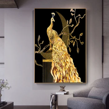 Zlaté Babôčka Pávooká Kvet Pierko Vtáka Plátno Maľby Zvierat Wall Art Obrázky pre Obývacia Izba Domova (Bez Rámu)