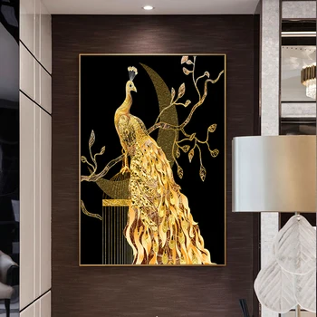 Zlaté Babôčka Pávooká Kvet Pierko Vtáka Plátno Maľby Zvierat Wall Art Obrázky pre Obývacia Izba Domova (Bez Rámu)