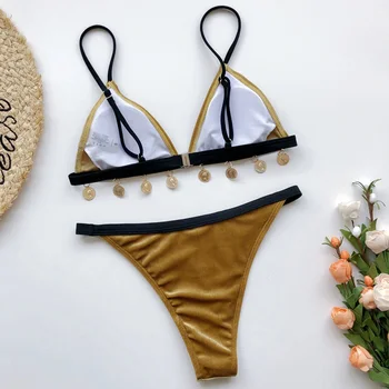 Zlaté Velvet Bikini 2020 Ženy Bandeau Plavky Ženské Plavky Dva kusy Bikini set Brazílsky Bather plavky Plávať nosenie