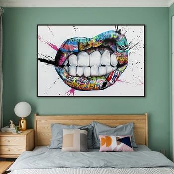 Zobraziť Zuby, Pery Graffiti Plagáty a Vytlačí Kiss Wall Art Plátno na Maľovanie Street Art Nástenné Maľby pre Obývacia Izba Dekor Obrázok