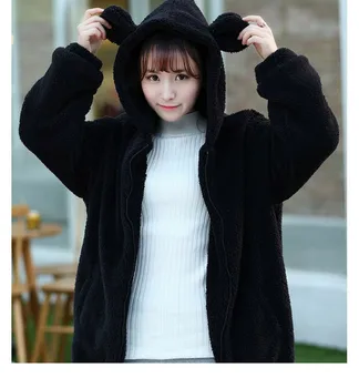 ZOGAA Ženy s kapucňou zimné Oblečenie kórejský malého medveďa bunny s uši a chvost cartoon plyšové bunda Teplé vrchné oblečenie Kabát